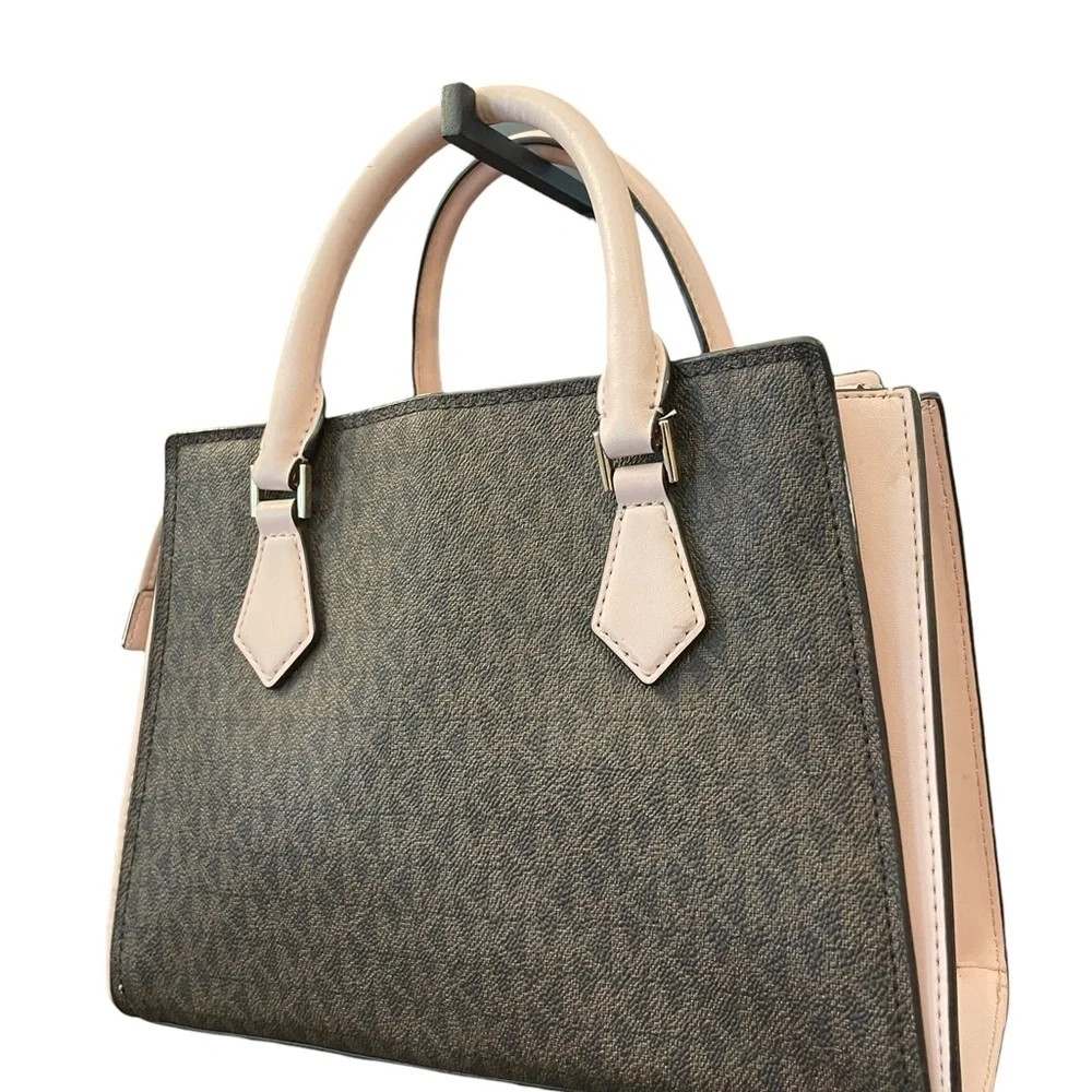 Michael Kors Marilyn Small‎ MK Logo Satchel Purse Bag Brown Blush Pink Designer